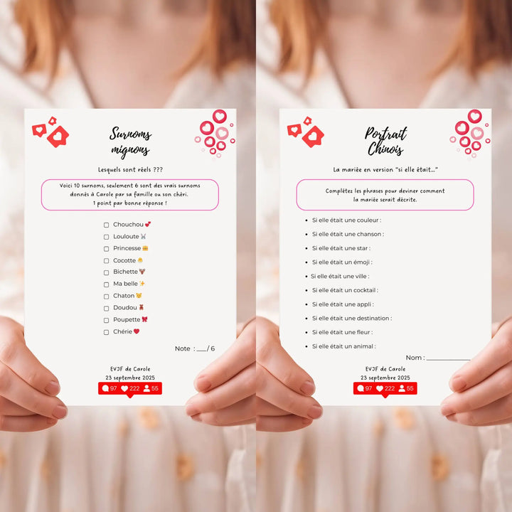 Quiz surnoms et portrait chinois pour mariée, activités à imprimer pour enterrement de vie de jeune fille