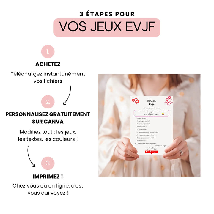 Guide visuel du processus d'utilisation des activités EVJF avec démonstration pratique d'un questionnaire entre les mains d'une femme