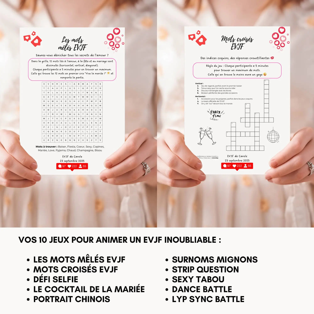 Détails des 10 jeux evjf personnalisables inclus dans le pack de modèles Canva.