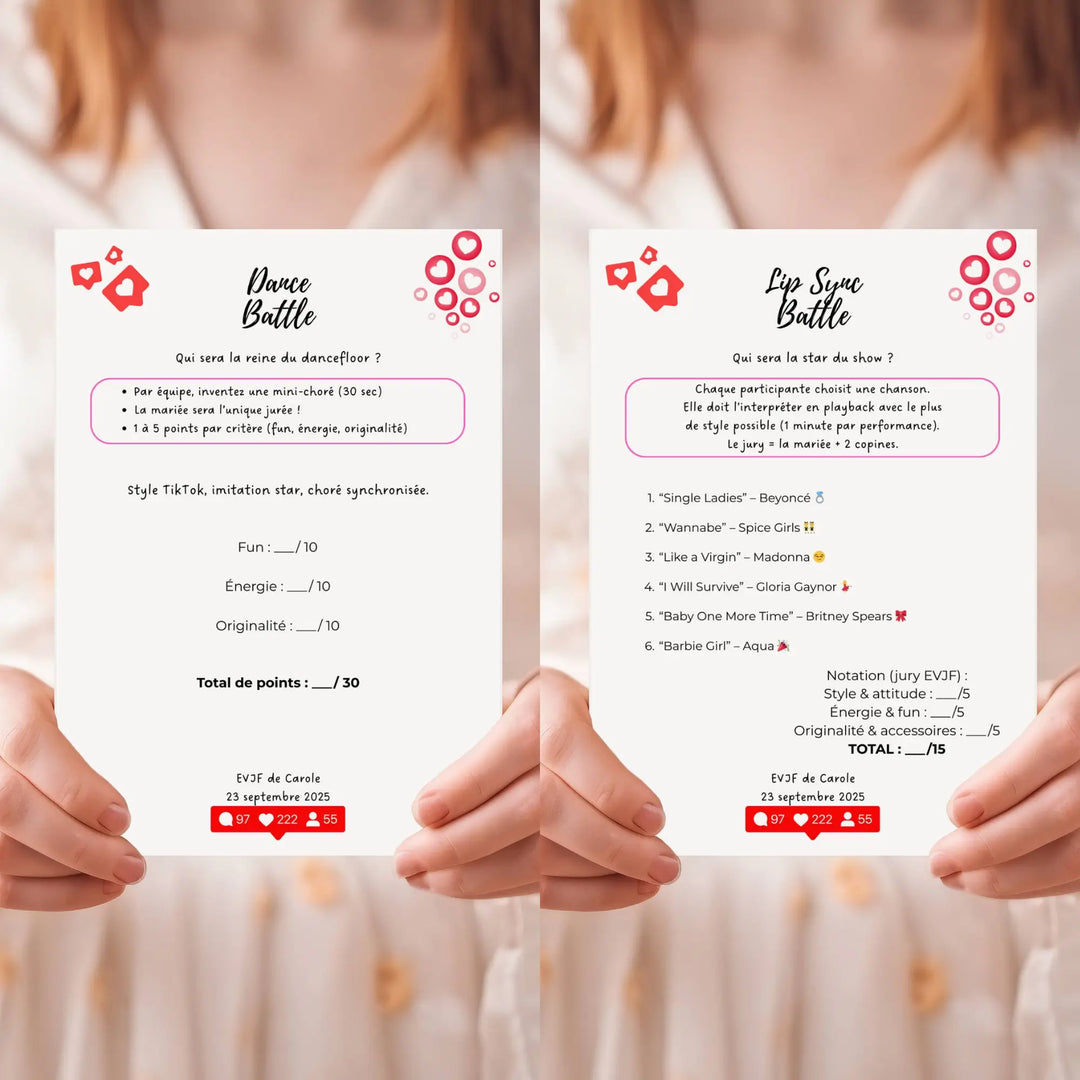 Deux jeux EVJF avec concours de danse et karaoké, système de notation inclus