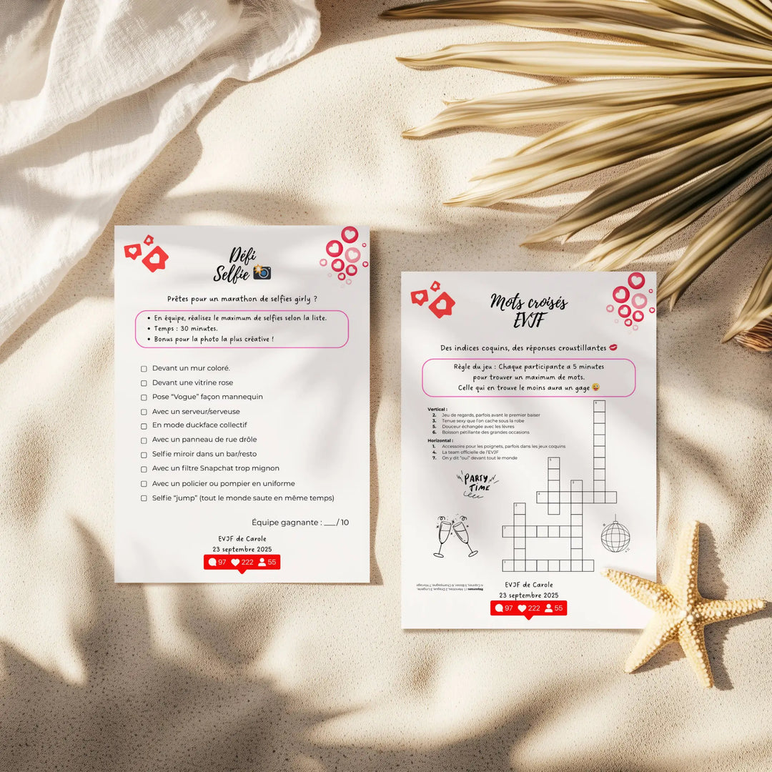 Activités selfie et mots croisés sur thèmeevjf, présentées dans décor estival avec sable et accessoires de plage