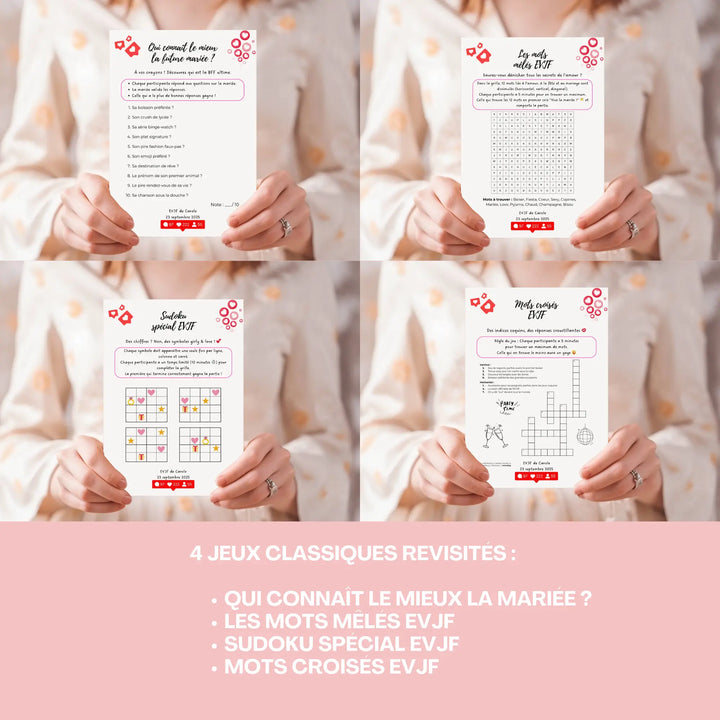 Jeux EVJF classiques revisités : quiz sur la mariée, mots mêlés, sudoku et mots croisés à imprimer pour animer l’enterrement de vie de jeune fille