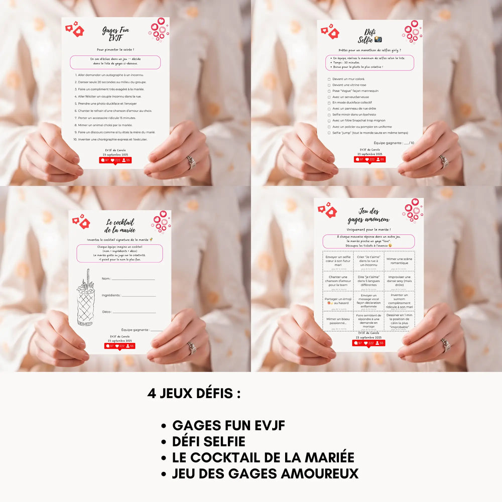 4 jeux EVJF défis à imprimer : gages fun, défis selfie, cocktail de la mariée et gages amoureux à personnaliser sur Canva