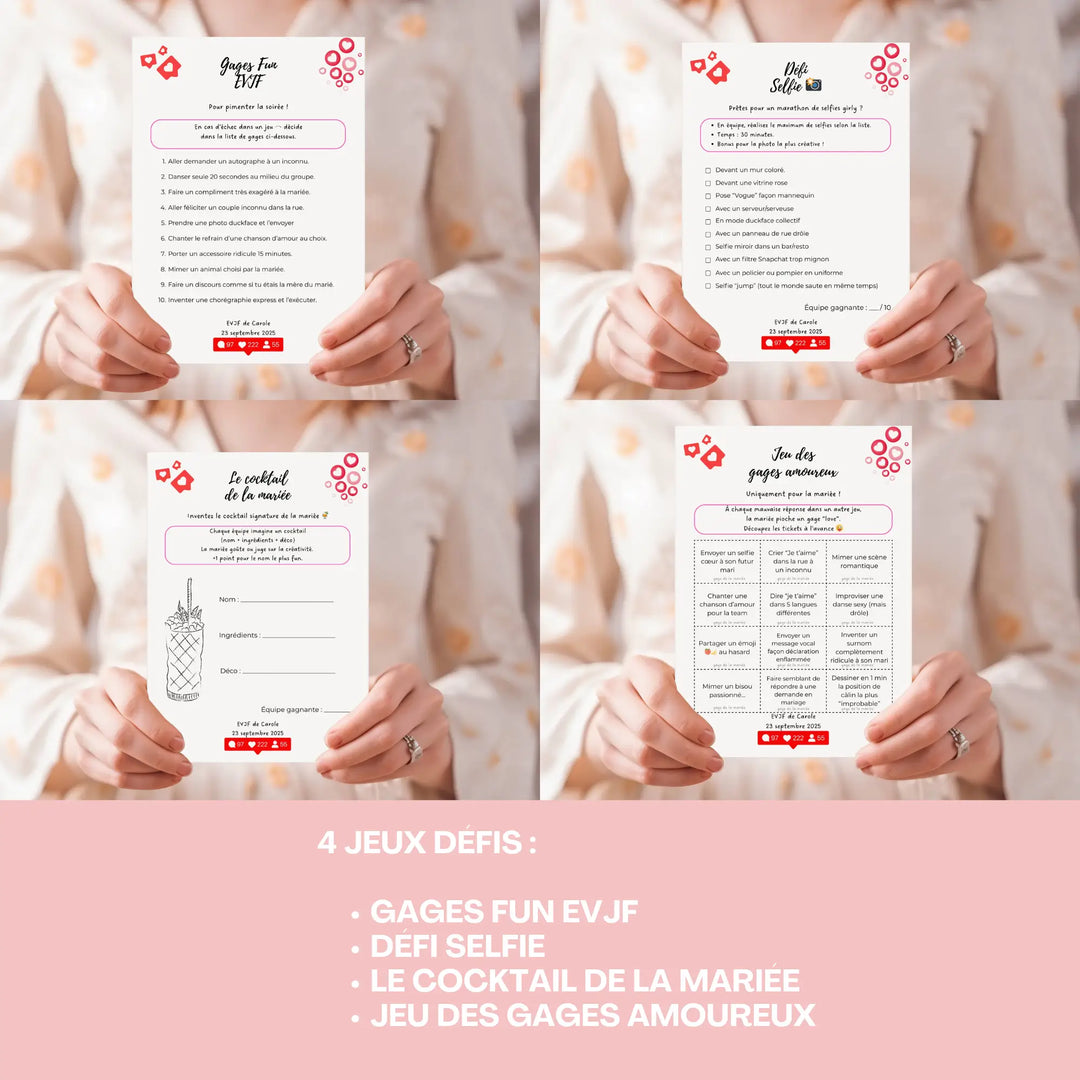 4 jeux EVJF défis à imprimer : gages fun, défis selfie, cocktail de la mariée et gages amoureux à personnaliser sur Canva
