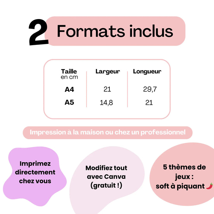 Jeux EVJF à personnaliser en formats A4 et A5, imprimables chez soi ou en ligne, compatibles Canva, du soft au piquant