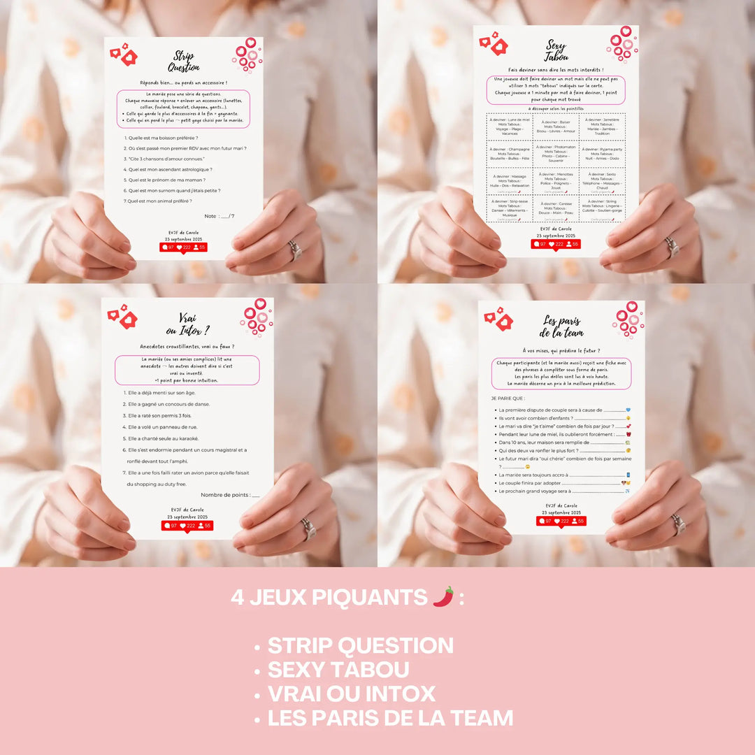 Jeux EVJF originaux et pimentés à imprimer : strip question, sexy tabou, paris osés et quiz vrai ou intox pour un EVJF fun