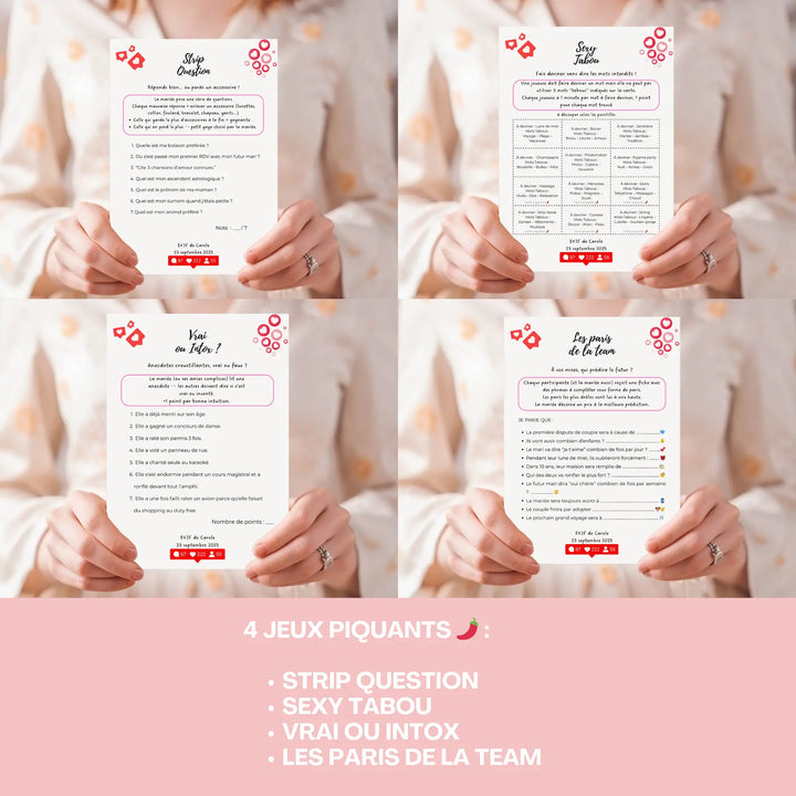 Jeux EVJF originaux et pimentés à imprimer : strip question, sexy tabou, paris osés et quiz vrai ou intox pour un EVJF fun