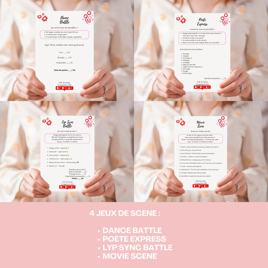 4 jeux EVJF de scène à imprimer et personnaliser sur Canva : battle de danse, lip sync, scène de film et poésie entre amies