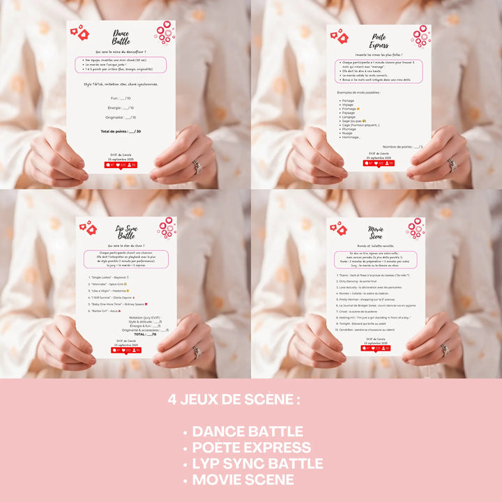 4 jeux EVJF de scène à imprimer et personnaliser sur Canva : battle de danse, lip sync, scène de film et poésie entre amies