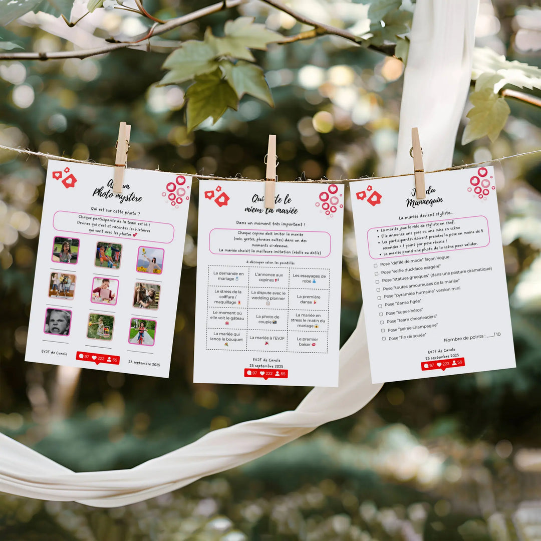 Jeux EVJF à personnaliser sur Canva : quiz photo, devinettes sur la mariée et défilé mode drôle pour enterrement de vie de jeune fille