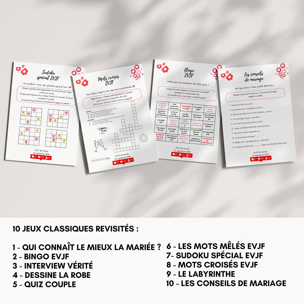 Jeux classiques EVJF personnalisables sur Canva, avec quiz couple, bingo, mots croisés et conseils de mariage à imprimer