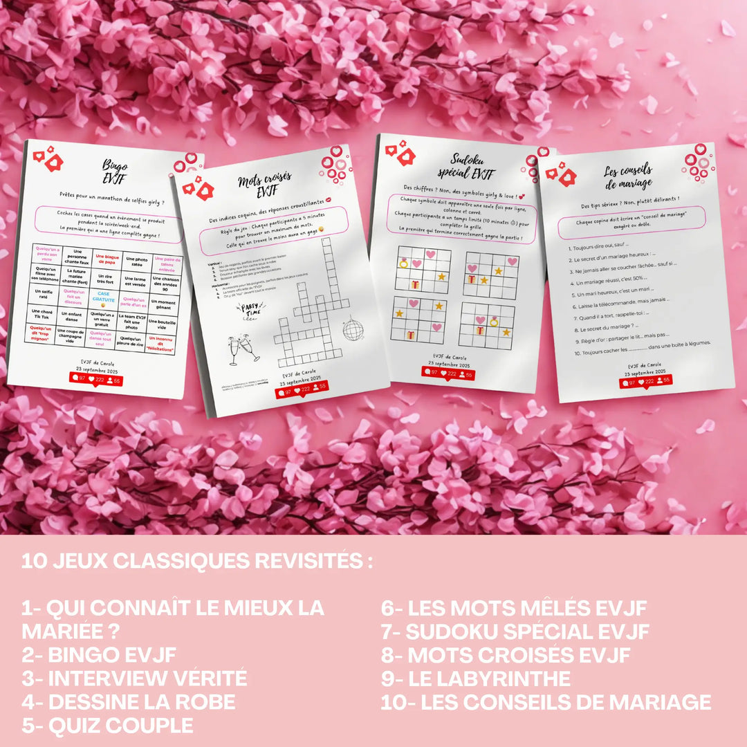 Jeux classiques EVJF personnalisables sur Canva, avec quiz couple, bingo, mots croisés et conseils de mariage à imprimer