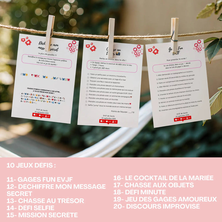 Jeux EVJF défis à imprimer, exemples de missions à suspendre façon guirlande pour animer un enterrement de vie de jeune fille