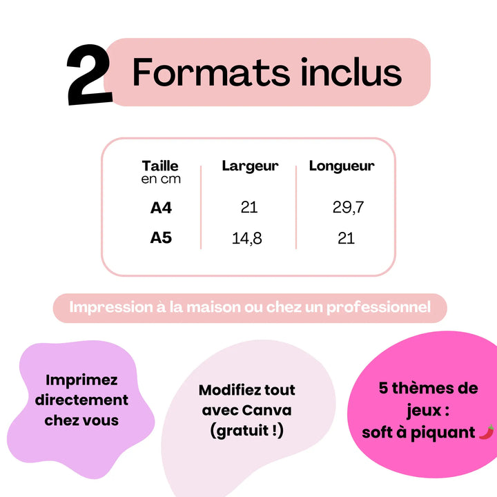 Formats A4 et A5 inclus pour les jeux EVJF à personnaliser sur Canva et imprimer à la maison ou chez un pro