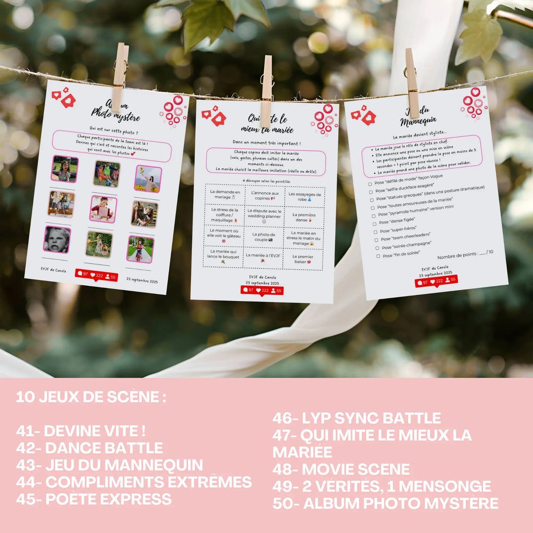 Jeux EVJF imprimés et accrochés façon guirlande, avec exemples de défis de scène personnalisables sur Canva