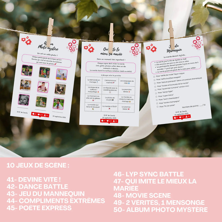 Jeux EVJF imprimés et accrochés façon guirlande, avec exemples de défis de scène personnalisables sur Canva