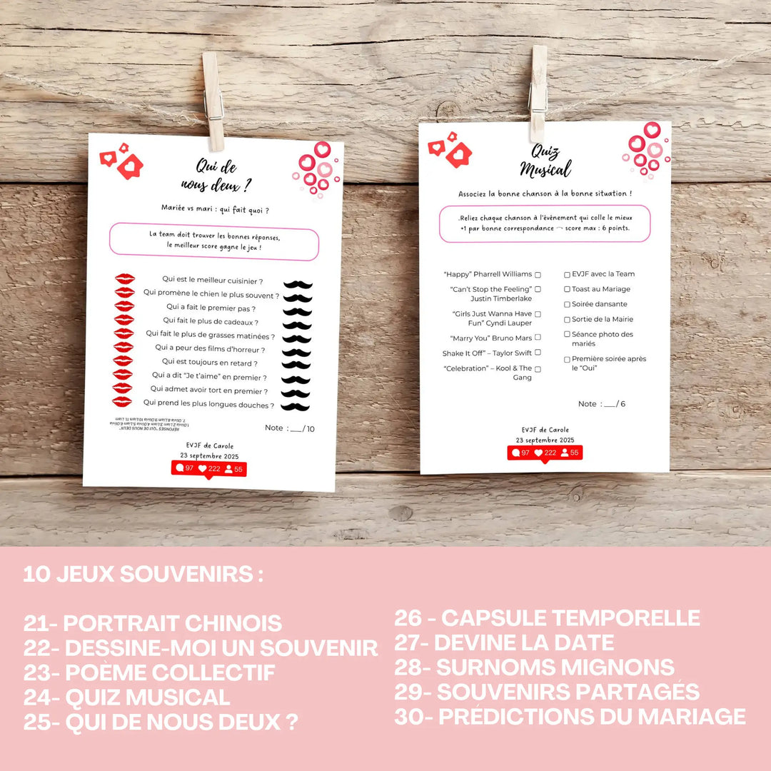Jeux souvenirs EVJF personnalisables avec quiz musical, jeu “Qui de nous deux ?” et activités à imprimer sur Canva