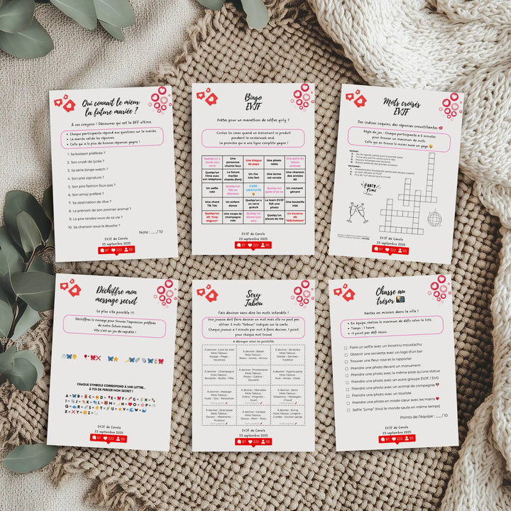 Aperçu du pack 50 jeux EVJF personnalisables sur Canva, avec idées de défis, quizz, chasse au trésor et jeux imprimables