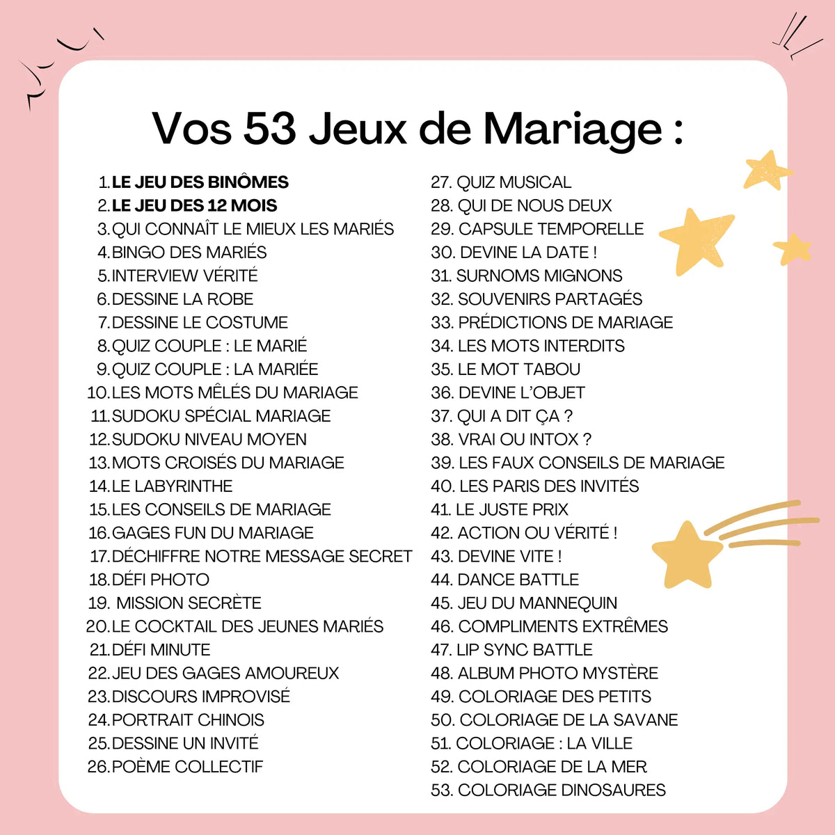 Liste complète des 53 jeux de mariage à imprimer : quiz, bingo, défis, dessins, mots croisés, sudoku, jeux photo et animations originales pour animer la soirée des mariés