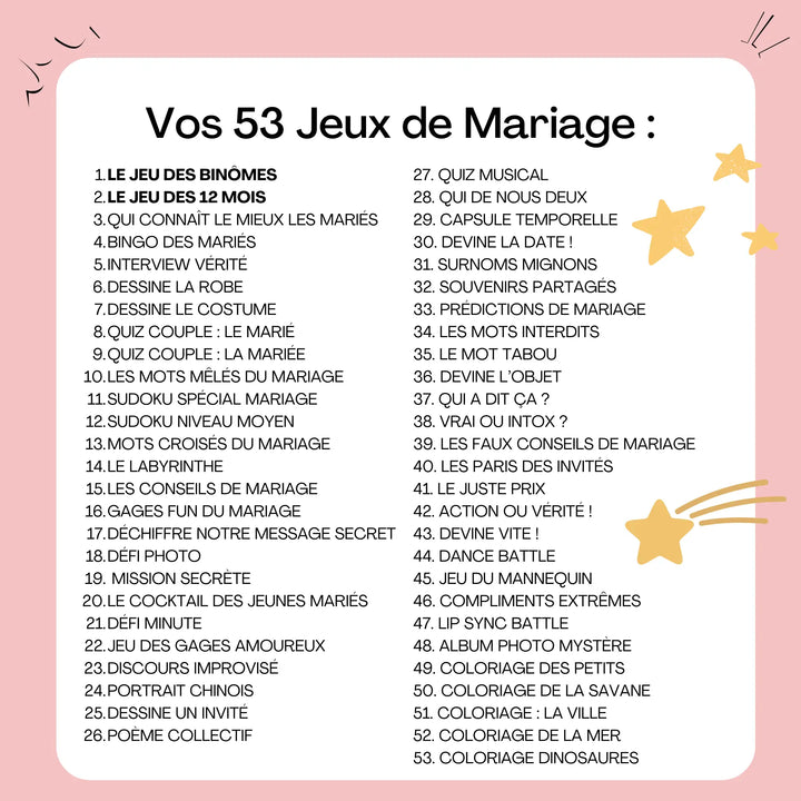 Liste complète des 53 jeux de mariage à imprimer : quiz, bingo, défis, dessins, mots croisés, sudoku, jeux photo et animations originales pour animer la soirée des mariés