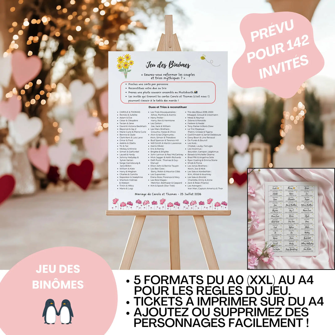 Jeu des binômes mariage à personnaliser : affiche et tickets à imprimer pour animer 142 invités avec le pack 53 jeux de mariage