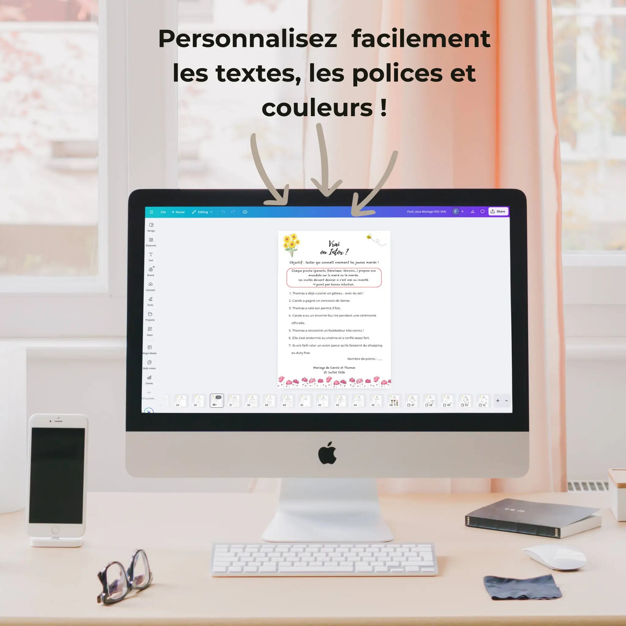 Pack 53 jeux de mariage personnalisables sur Canva – modifier facilement textes, polices et couleurs avant impression