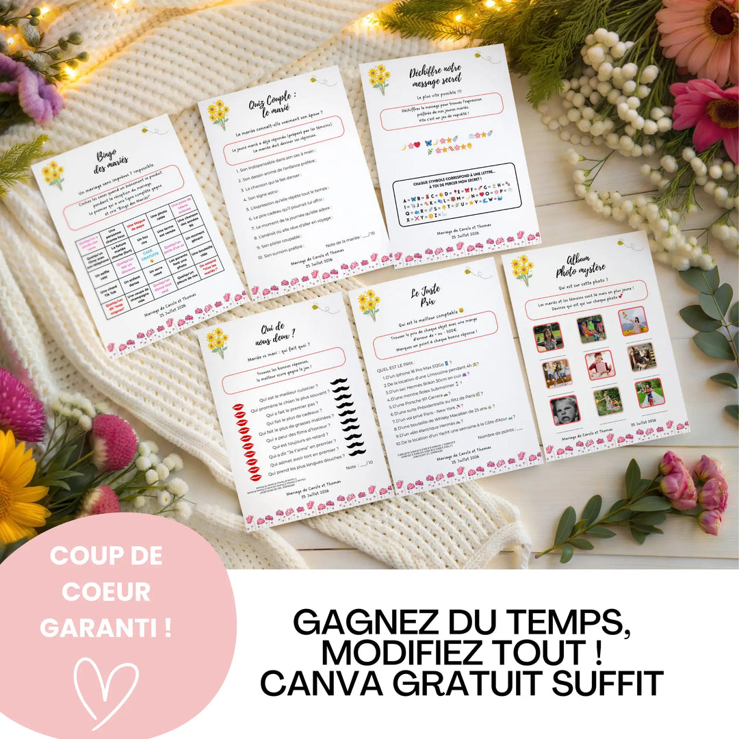 Pack 53 jeux de mariage à imprimer – exemples de jeux personnalisables sur Canva comme bingo, quiz couple, messages secrets et album photo mystère