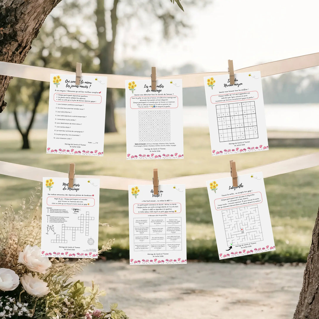 Exemple de pack 53 jeux de mariage à imprimer – quiz, mots mêlés, sudoku, mots croisés et labyrinthe personnalisables