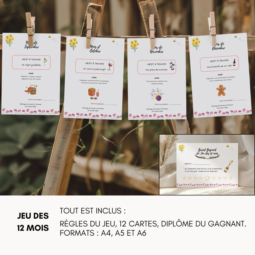 Jeu des 12 mois mariage à imprimer, pack complet avec 12 cartes mensuelles, règles du jeu et diplôme du gagnant, formats A4 A5 et A6