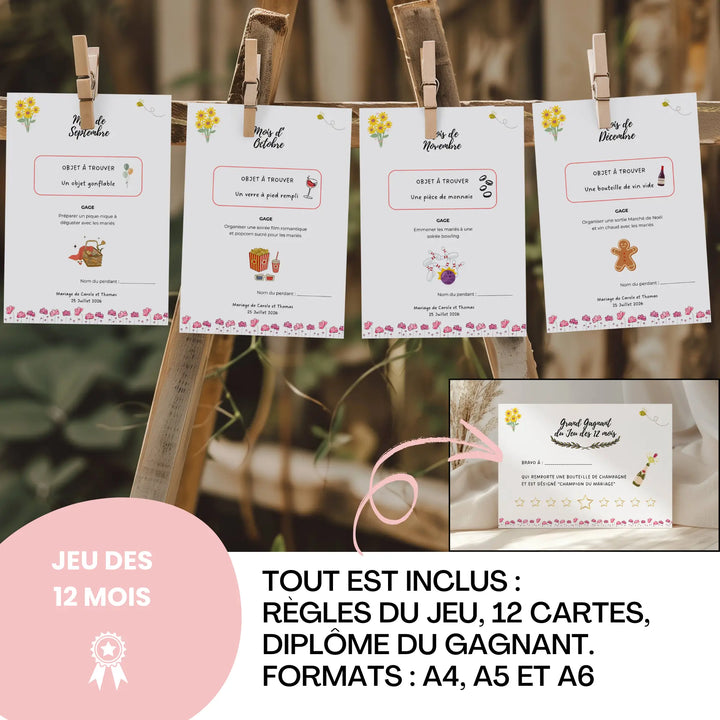 Jeu des 12 mois mariage à imprimer, pack complet avec 12 cartes mensuelles, règles du jeu et diplôme du gagnant, formats A4 A5 et A6