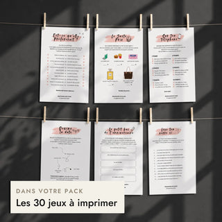 Fiches de jeux d'anniversaire pour elle suspendues à un fil, incluses dans le pack anniversaire femme.