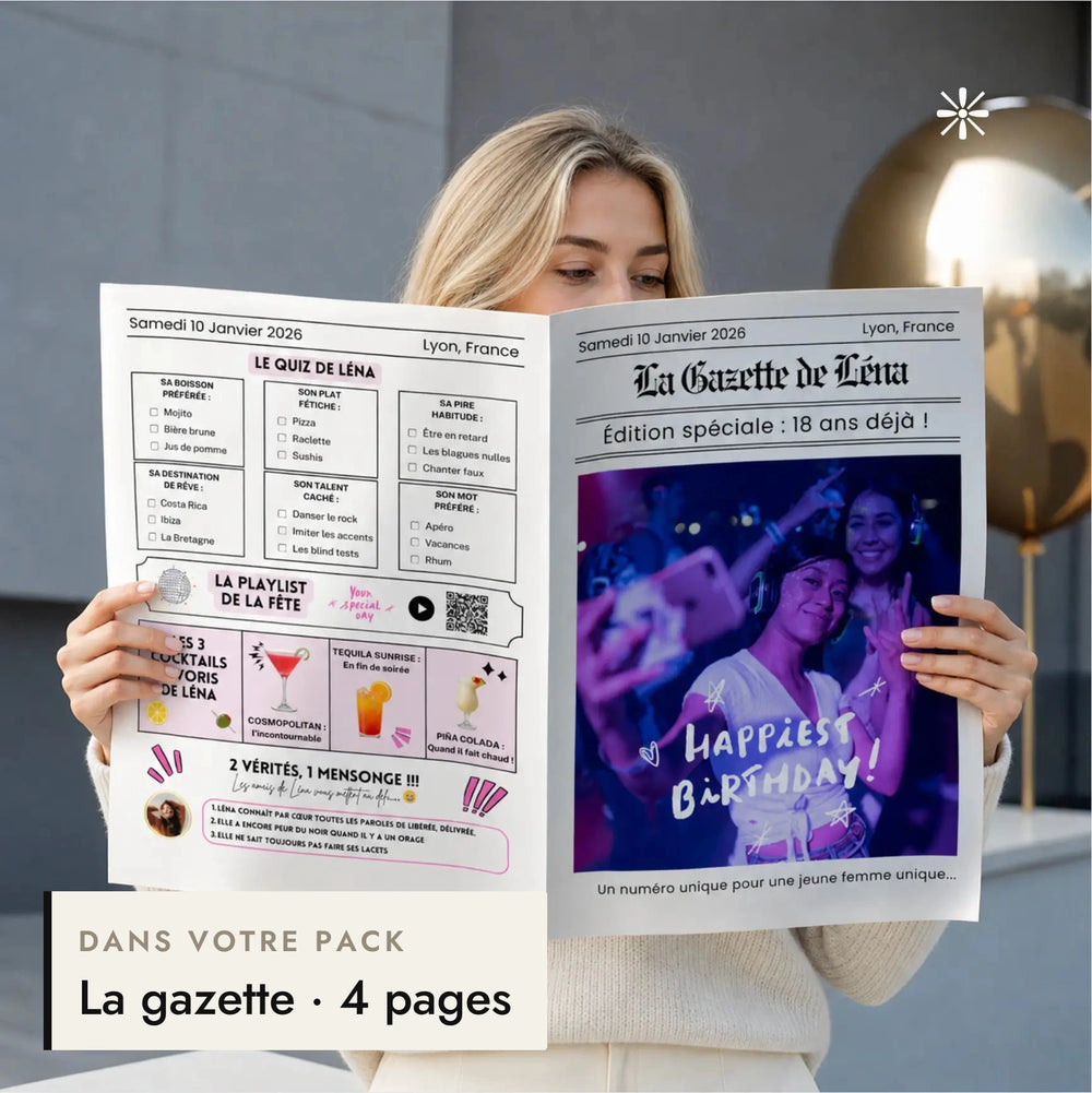 Femme tenant la gazette d'anniversaire personnalisée pour elle, incluse dans le pack anniversaire femme.