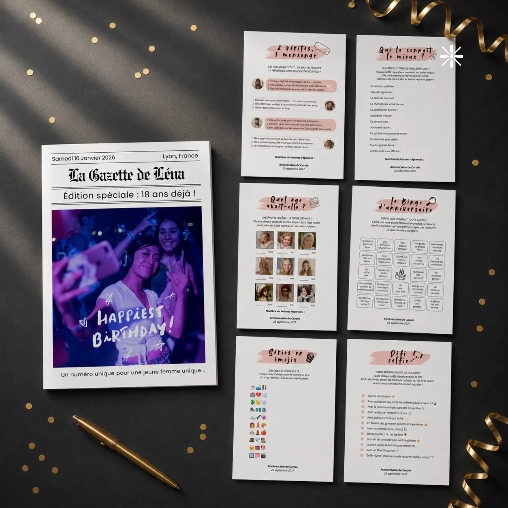 Pack anniversaire femme, gazette personnalisée et 30 jeux à imprimer, modèles Canva