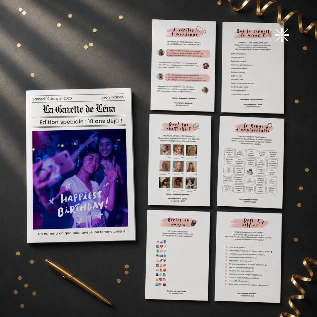 Pack anniversaire femme : gazette personnalisée 4 pages et jeux d&