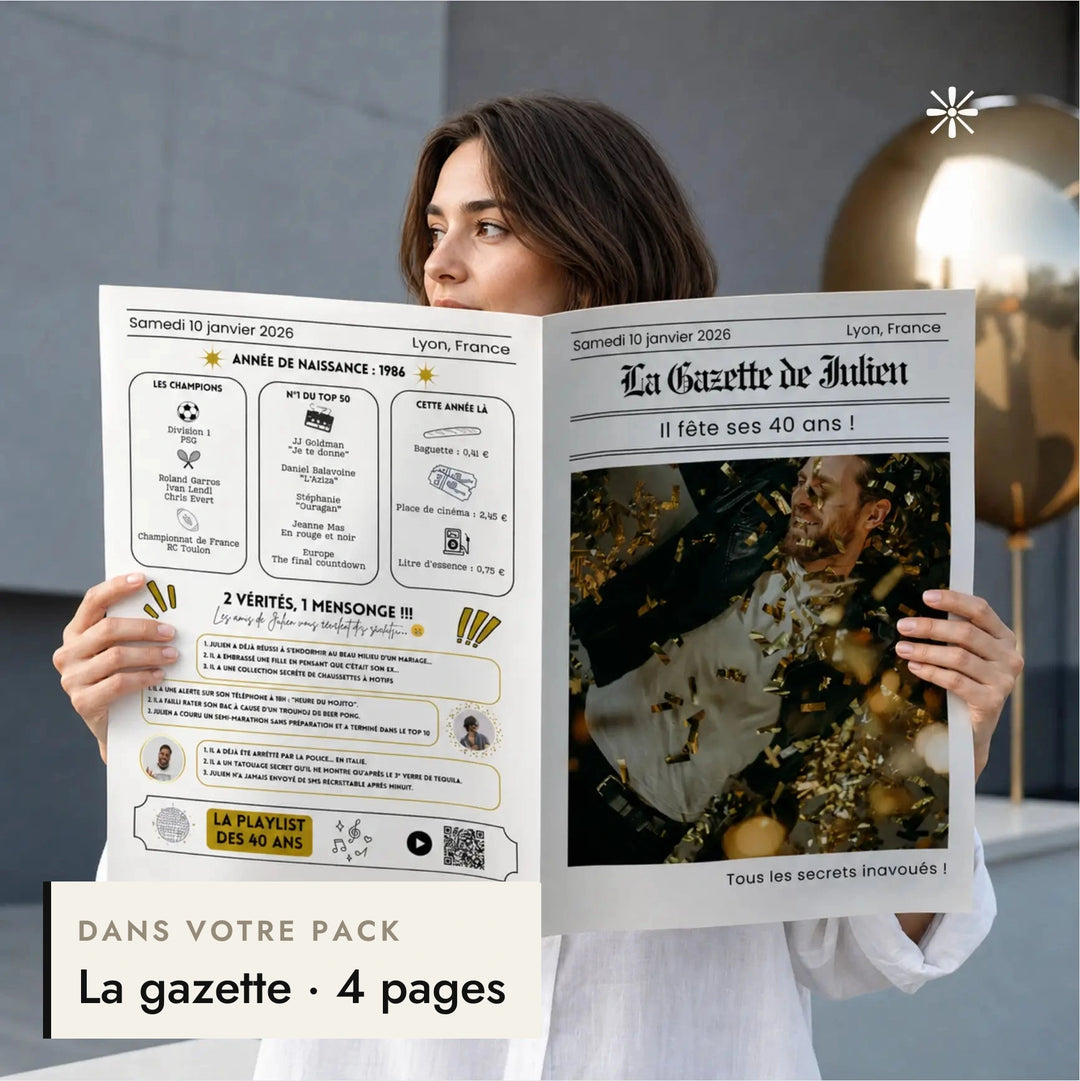 Femme tenant la gazette d'anniversaire personnalisée pour lui, incluse dans le pack anniversaire homme.