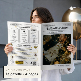 Femme tenant la gazette d'anniversaire personnalisée pour lui, incluse dans le pack anniversaire homme.