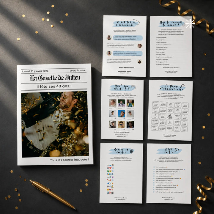 Pack anniversaire homme : gazette personnalisée 4 pages et jeux d&