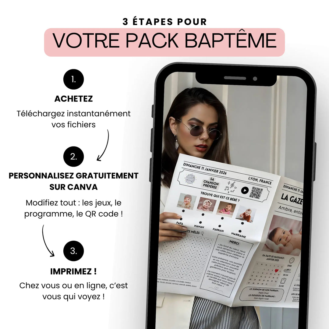 Comment acheter votre modèle canva et personnaliser votre gazette bapteme enfant.