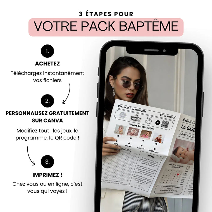 Comment acheter votre modèle canva et personnaliser votre gazette bapteme enfant.