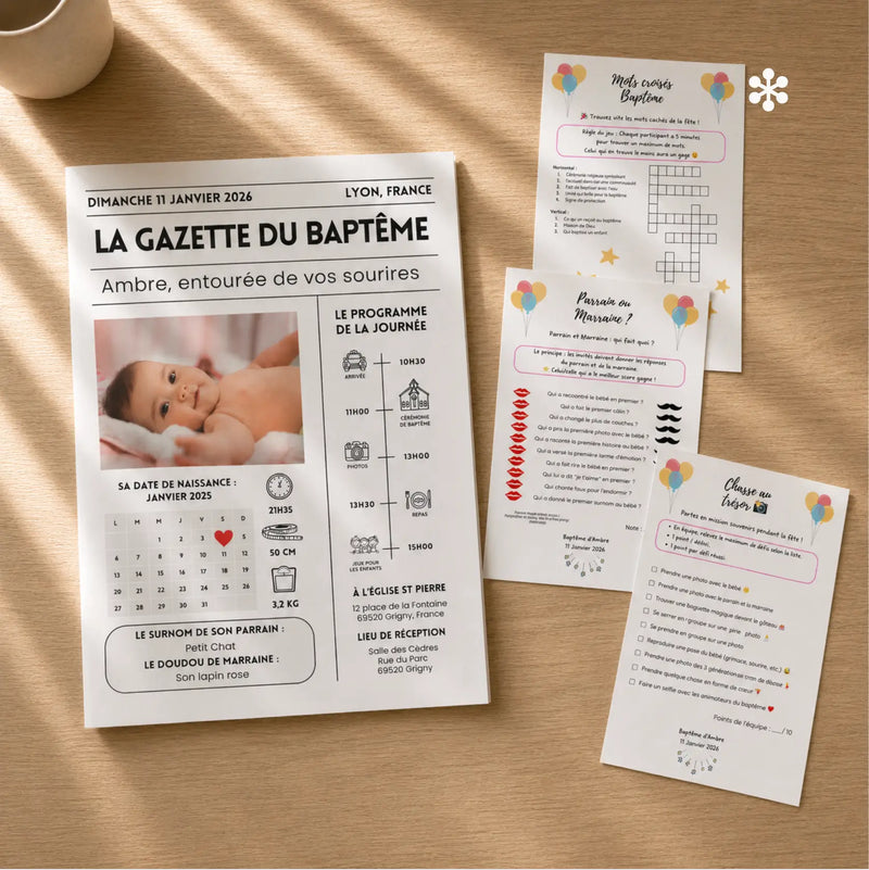 Gazette baptême et jeux baptême personnalisés pour préparer le plus inoubliable des baptême pour votre enfant.