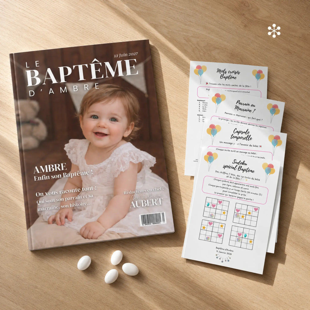 Photo du pack baptême avec magazine personnalisé et jeux à imprimer.
