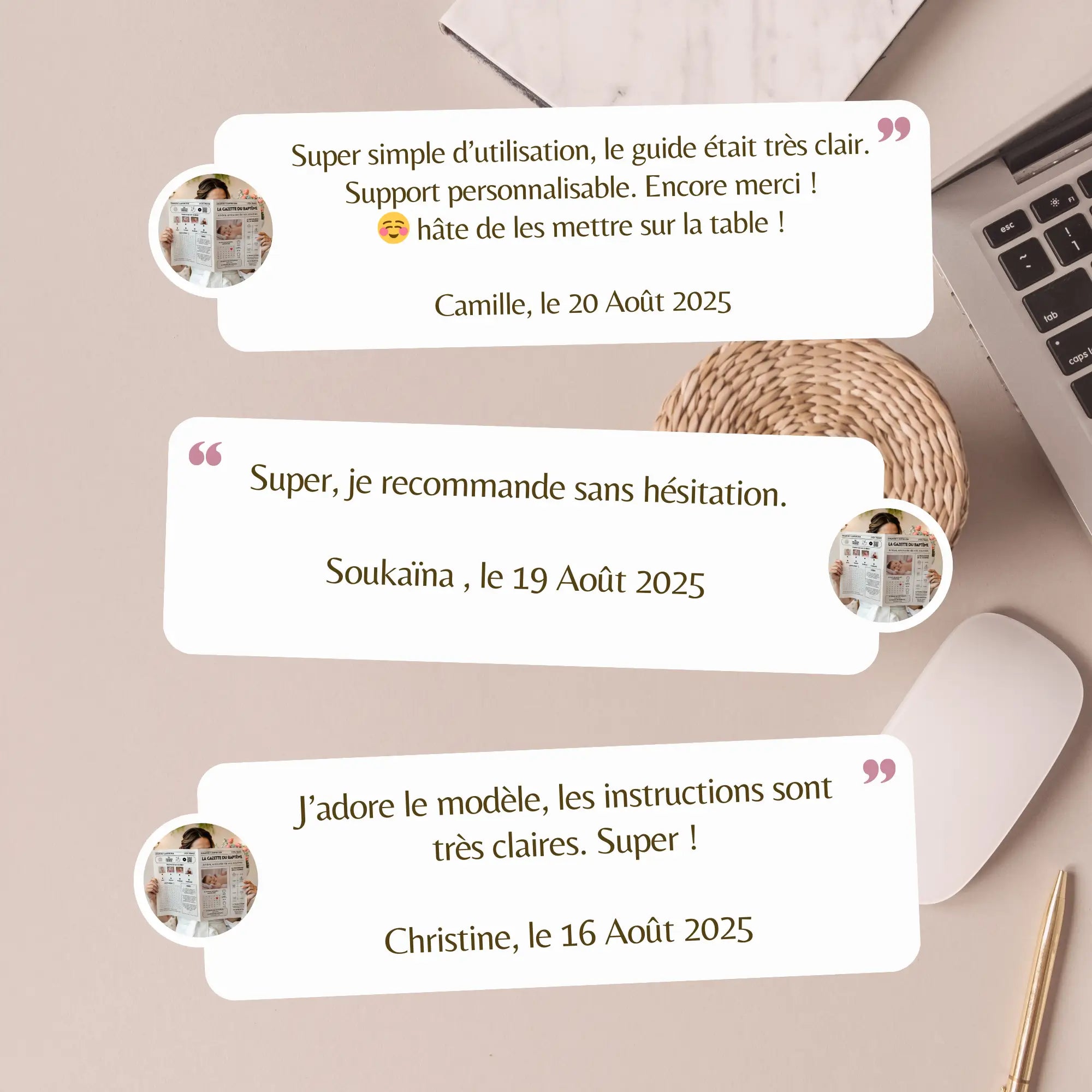 Avis clients sur le pack baptême personnalisable, soulignant la clarté des instructions et la facilité d’utilisation.