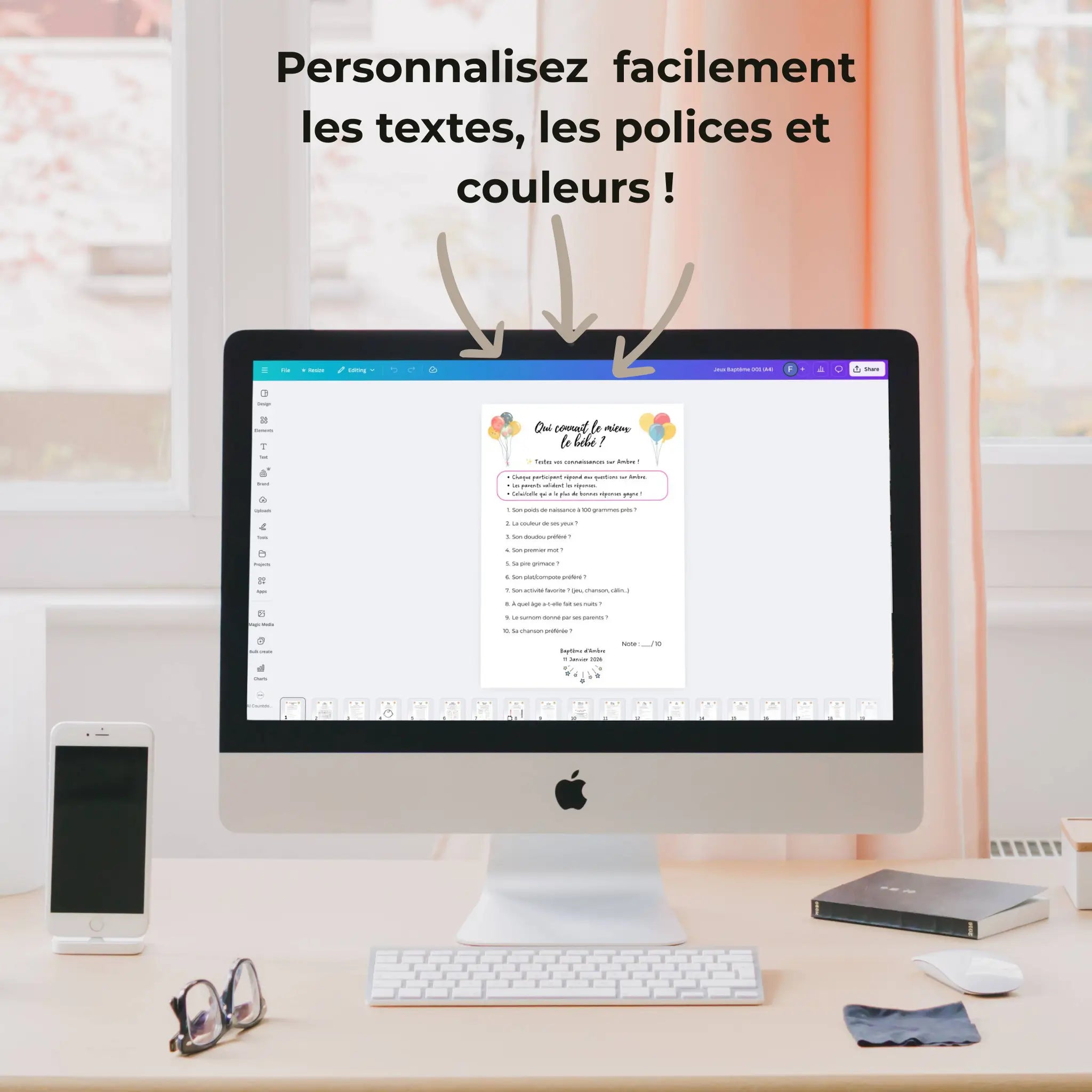 Exemple de jeu de baptême personnalisable affiché sur Canva avec options de modification des textes, couleurs et polices.