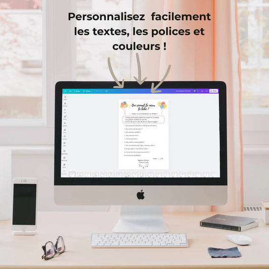 Exemple de jeu de baptême personnalisable affiché sur Canva avec options de modification des textes, couleurs et polices.