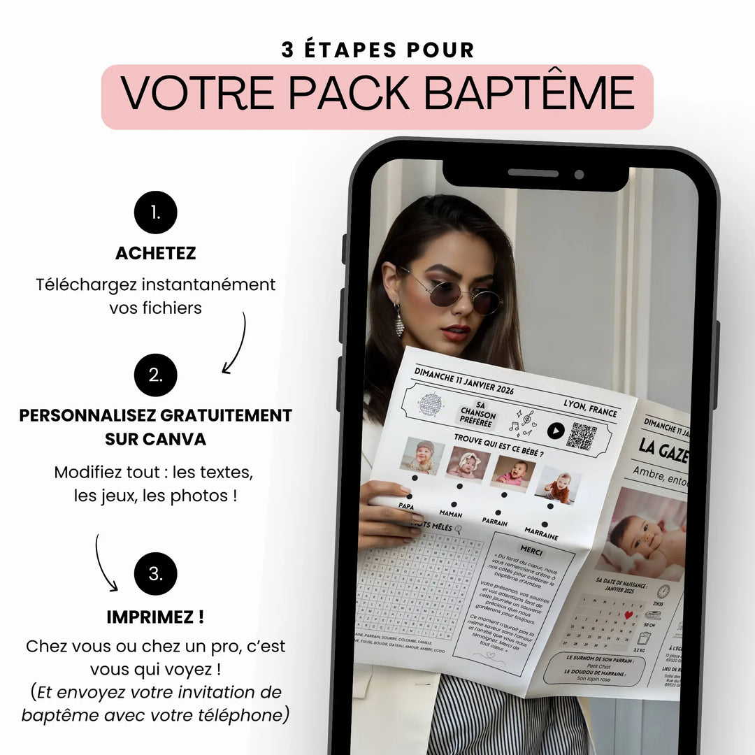 Pack baptême personnalisable sur Canva avec gazette, jeux et invitation à imprimer facilement