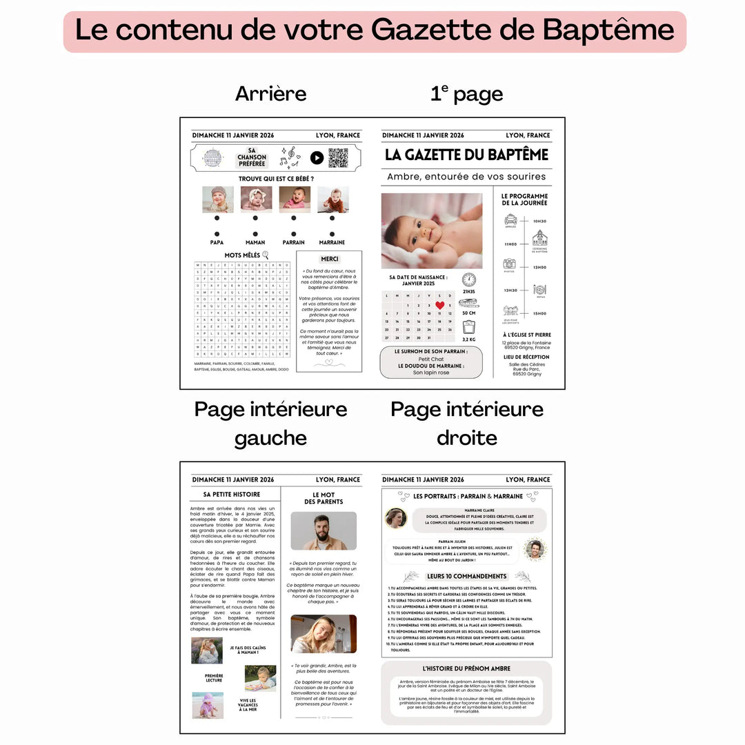 Aperçu des 4 pages de la gazette baptême personnalisable : couverture, jeux, programme, portraits, histoire et mots des parents.