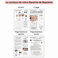 Charger l'image dans la visionneuse de la galerie, Aperçu des 4 pages de la gazette baptême personnalisable : couverture, jeux, programme, portraits, histoire et mots des parents.
