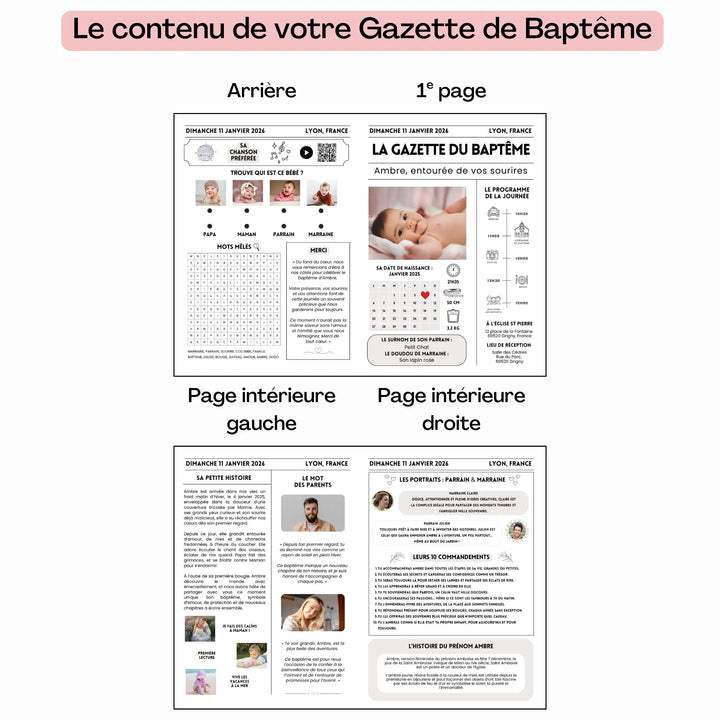 Aperçu des 4 pages de la gazette baptême personnalisable : couverture, jeux, programme, portraits, histoire et mots des parents.