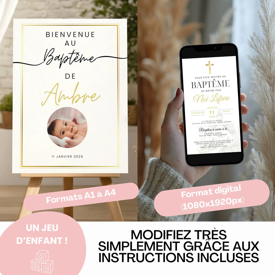 Panneau de bienvenue et invitation digitale du pack baptême personnalisable, formats A1 à A4 et 1080x1920px, faciles à modifier.