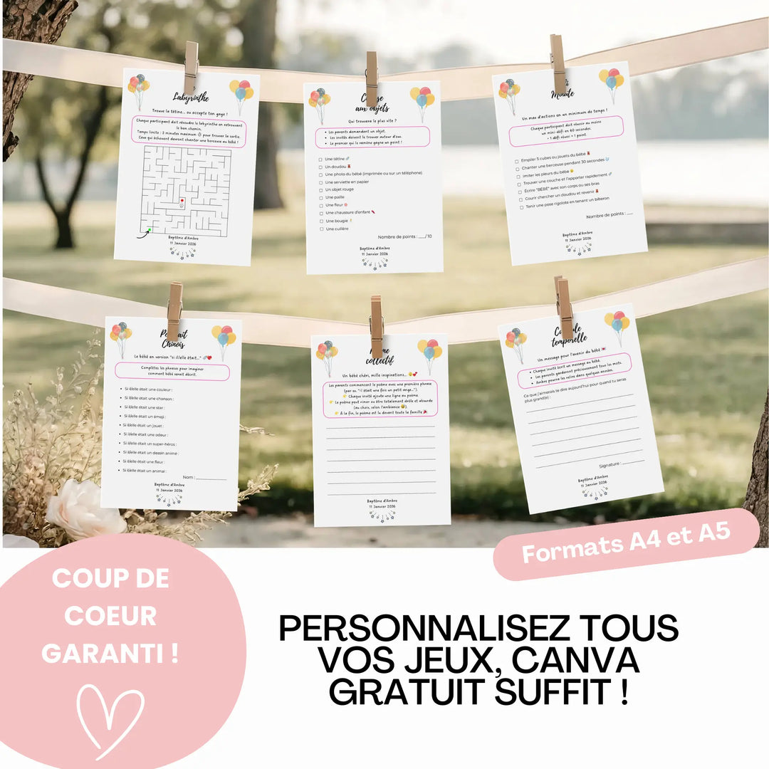 Jeux de baptême personnalisables au format A4 ou A5 suspendus en extérieur, à modifier facilement avec Canva gratuit.